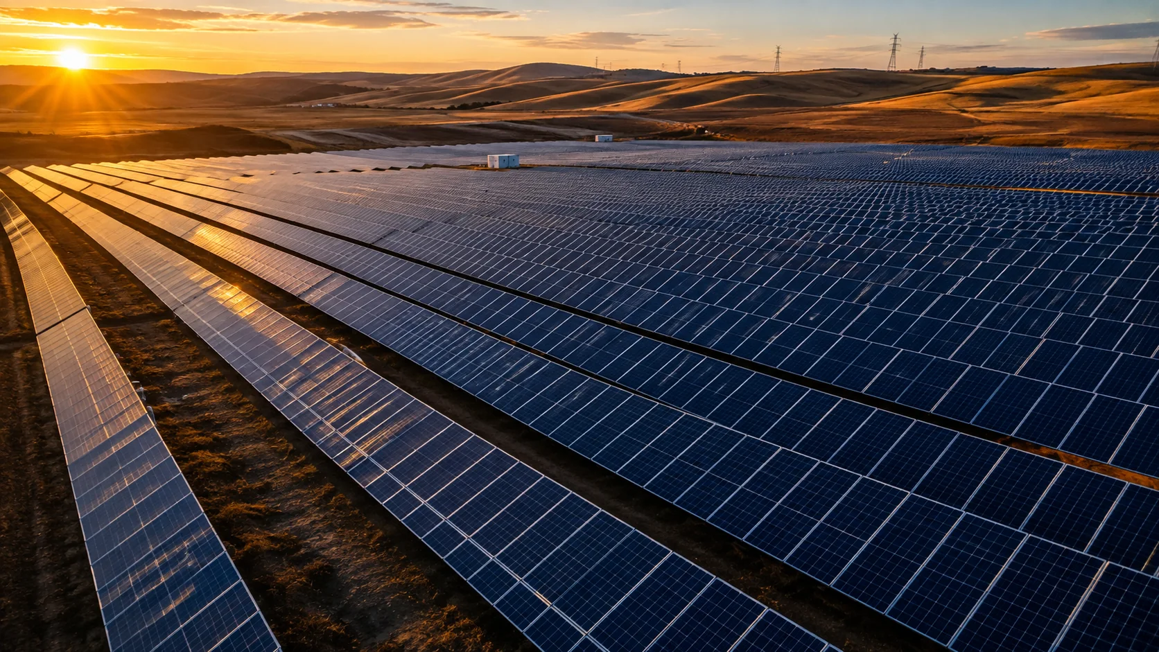 Illustrative view of a utility-scale solar field at golden hour